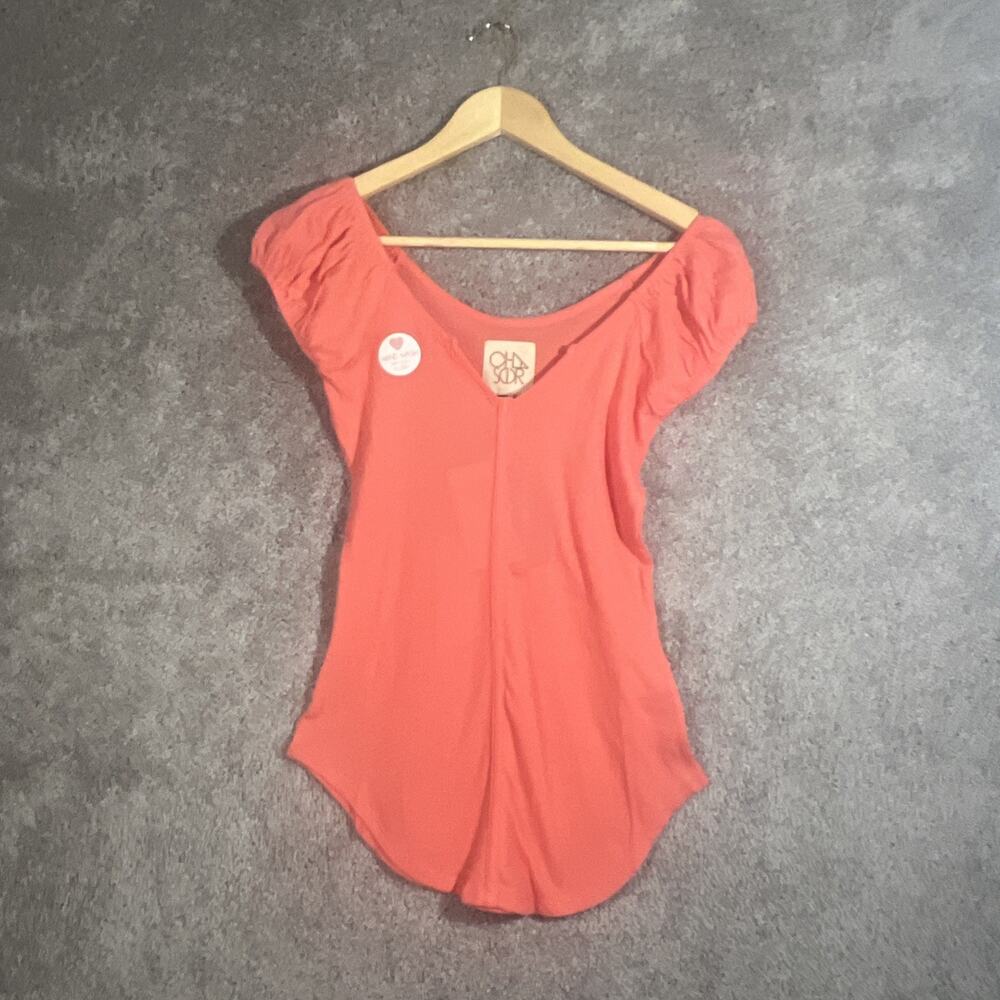 Chaser Womens Small Coral Orange V Neck Cap Sleeve Curved Hem Lightweight Top